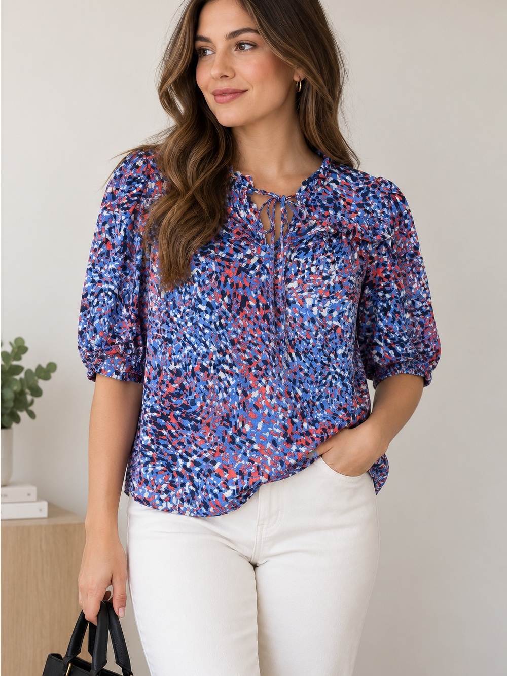 Marks & Spencer Blue Multi Tie-Neck Puff Sleeve Blouse
